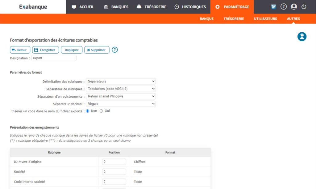 Paramétrage interface comptabilité